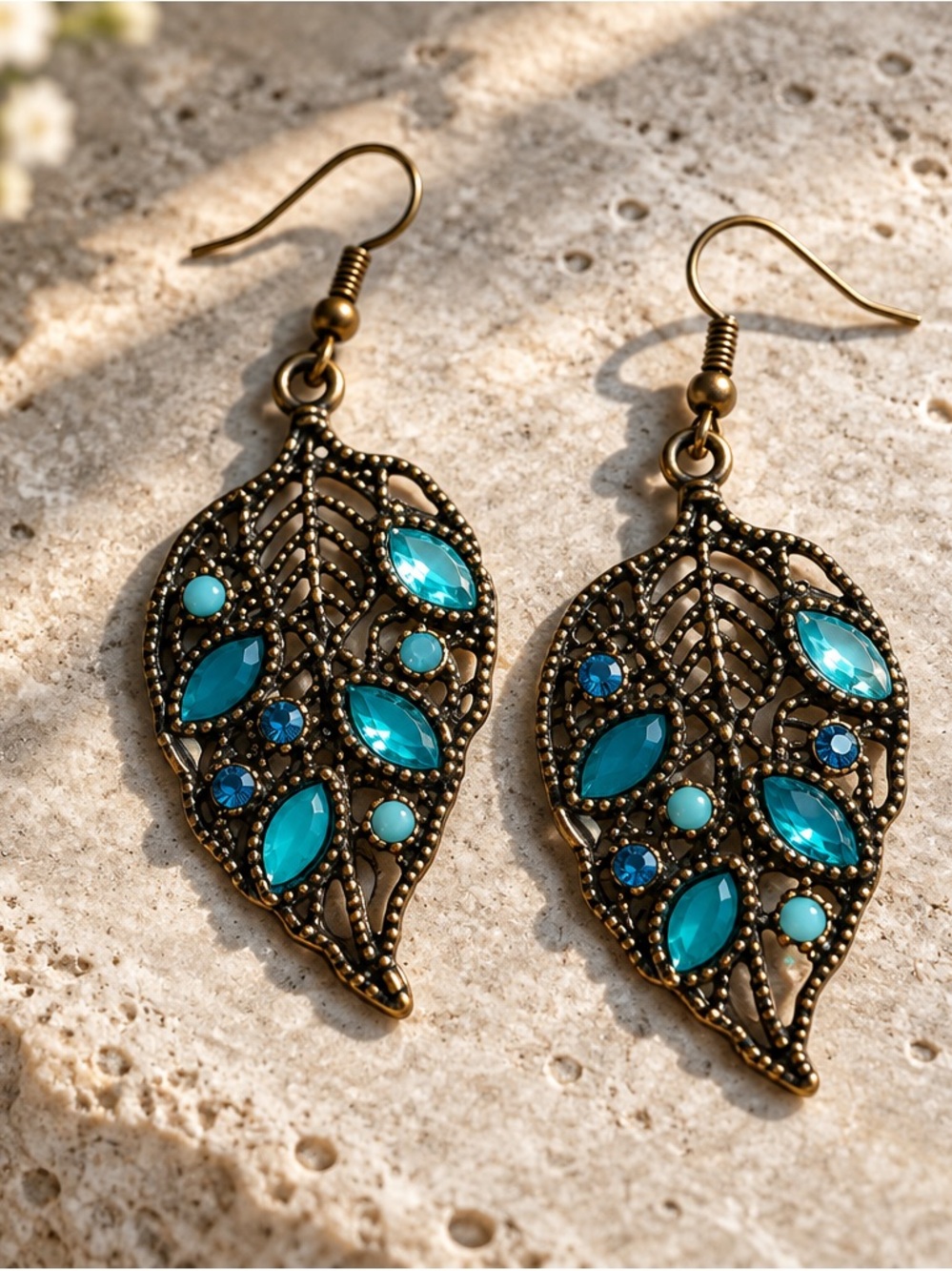 Vintage-Style Leaf Drop Earrings with Turquoise Blue Stones